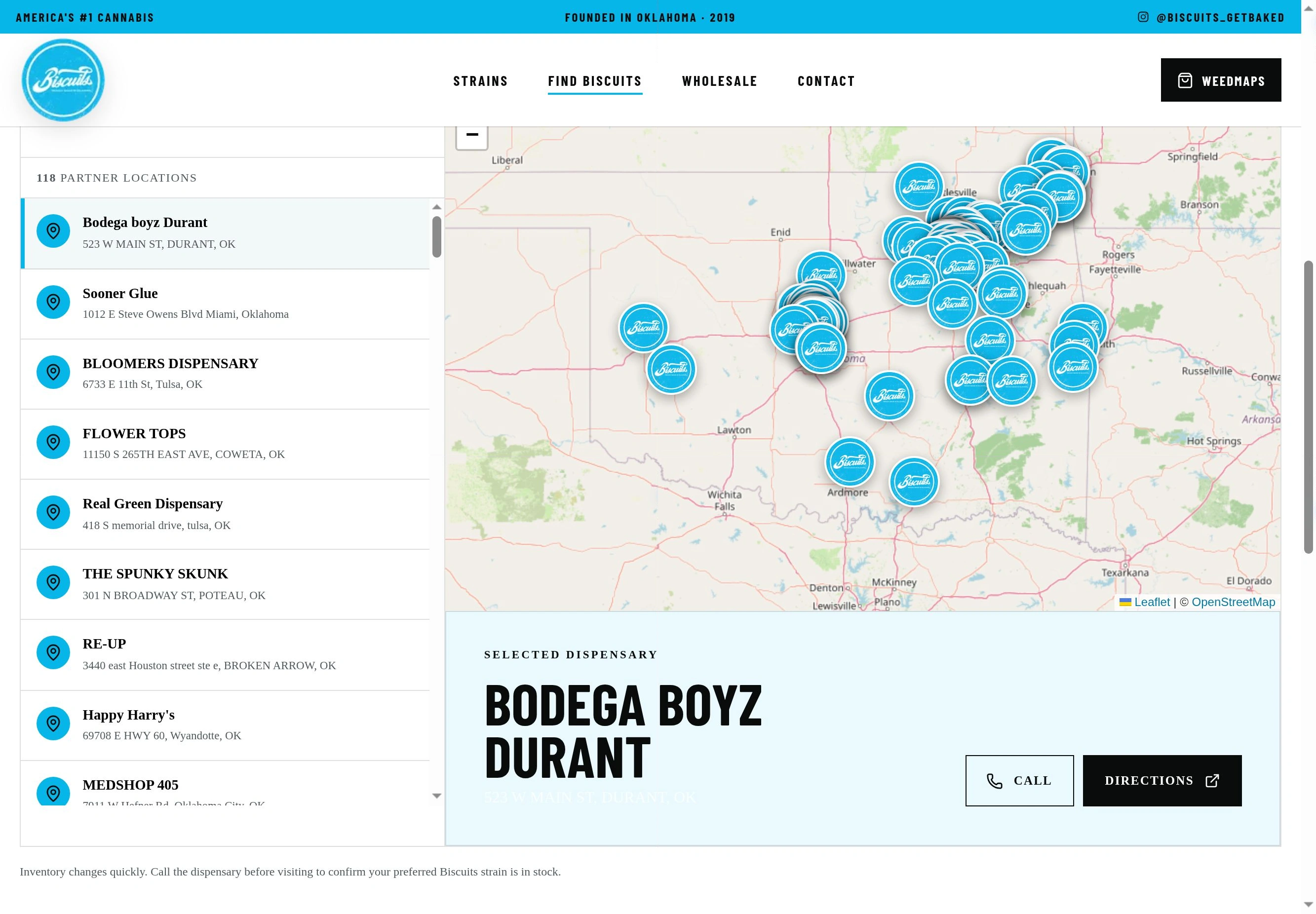 Biscuits store locator with retailer listings, branded map markers, selected store details and directions