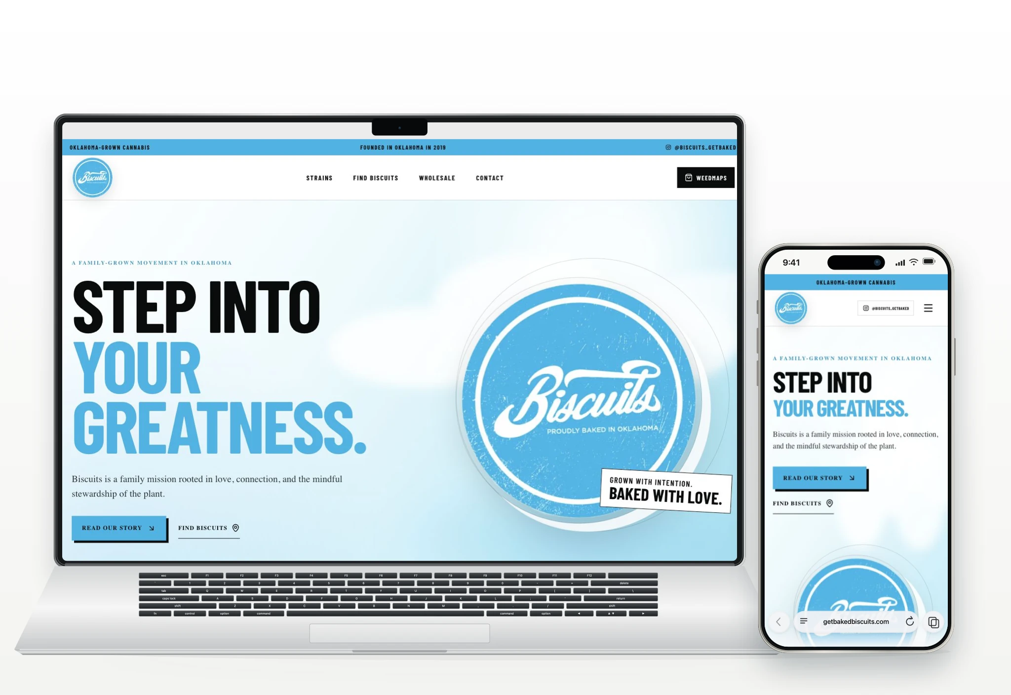 Biscuits website presented in a laptop and phone mockup