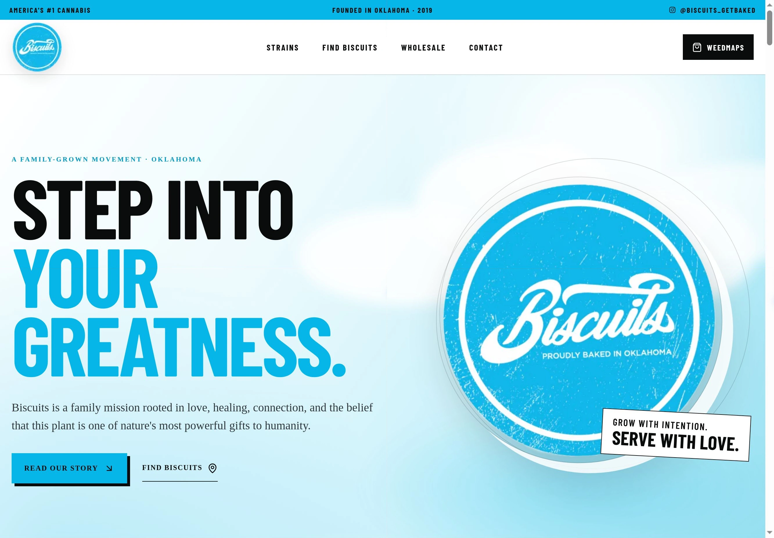 Biscuits website homepage with its blue brand identity and Oklahoma brand story