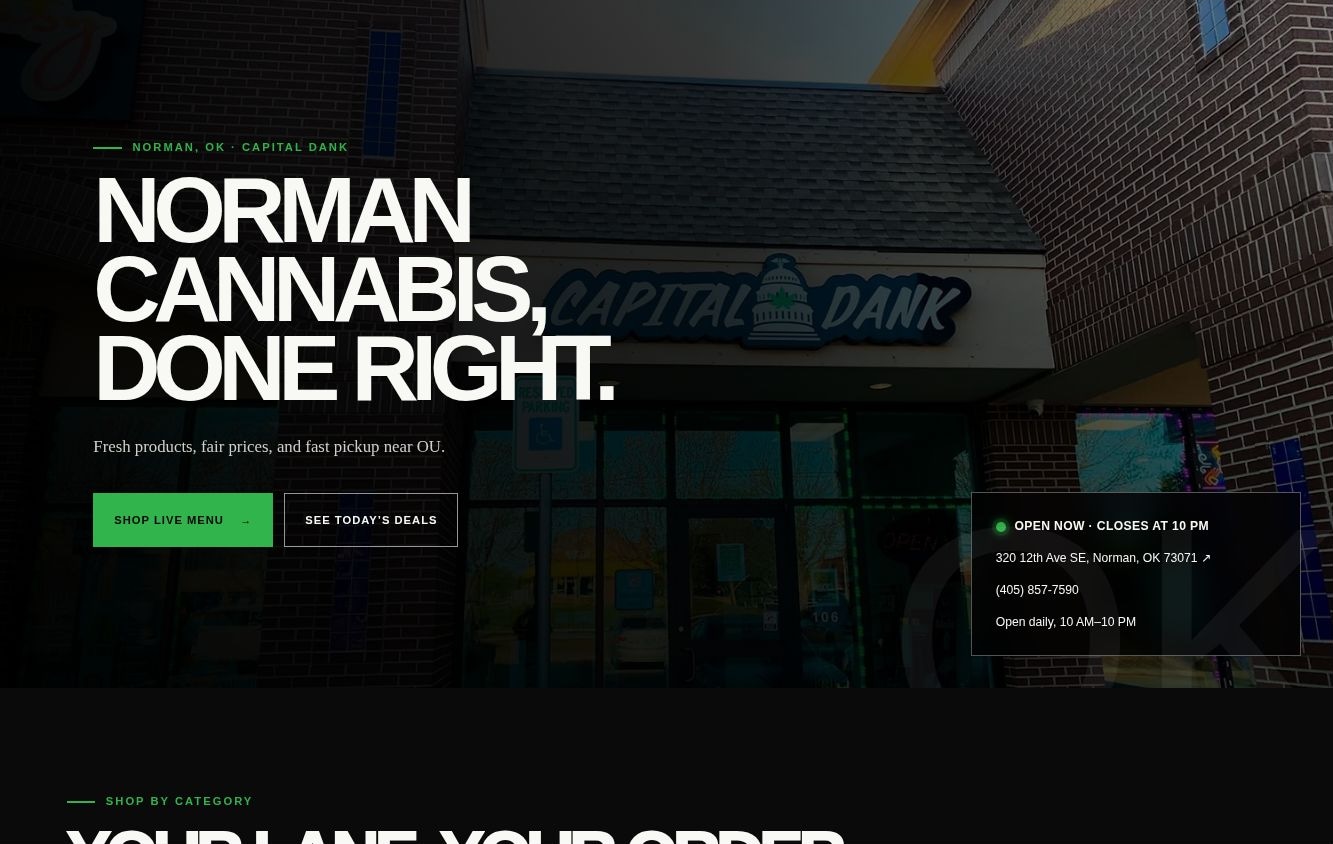 Capital Dank Norman store page with local storefront photography, hours, menu and deal links