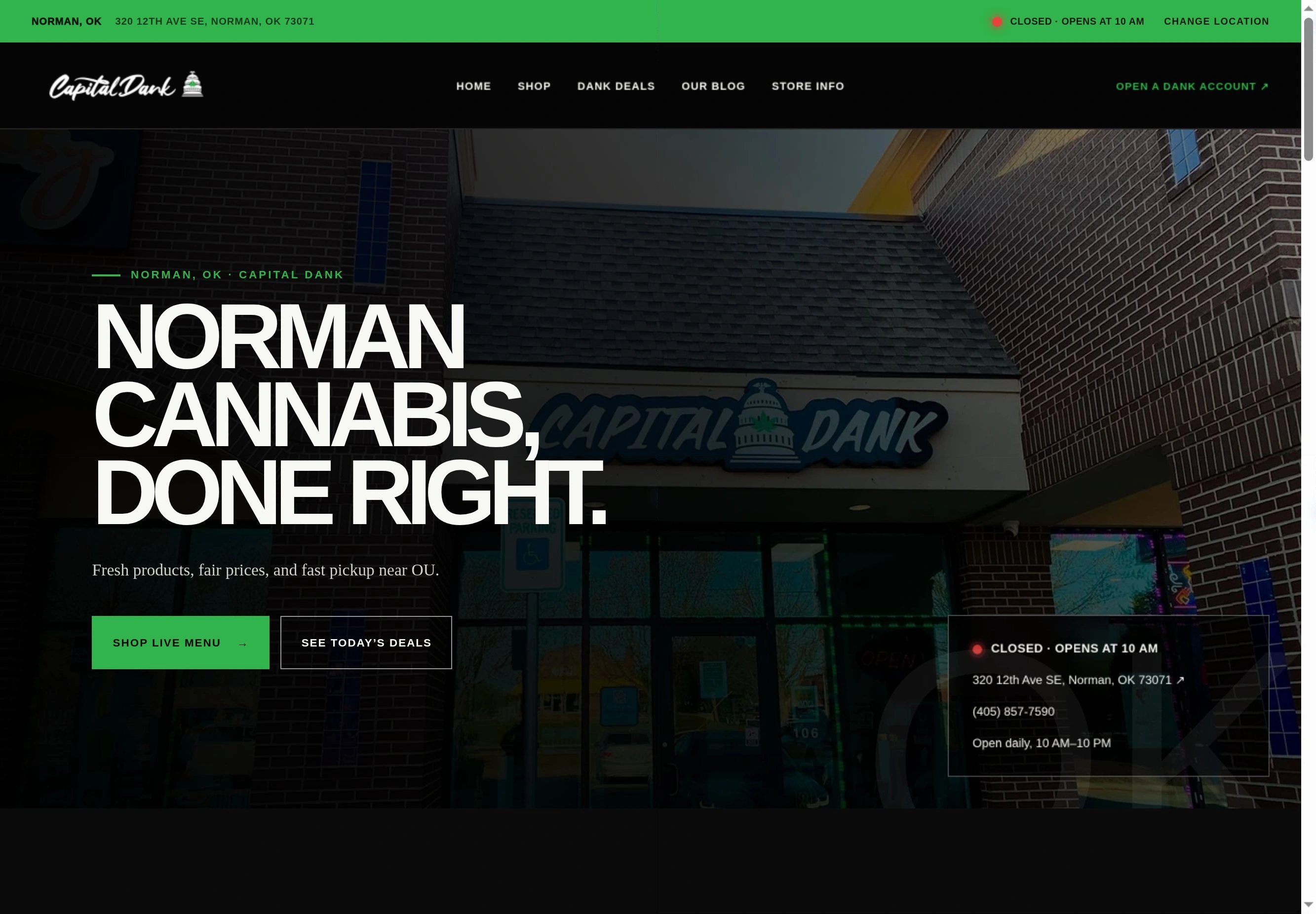 Capital Dank Norman store page with local storefront photography, hours, menu and deal links