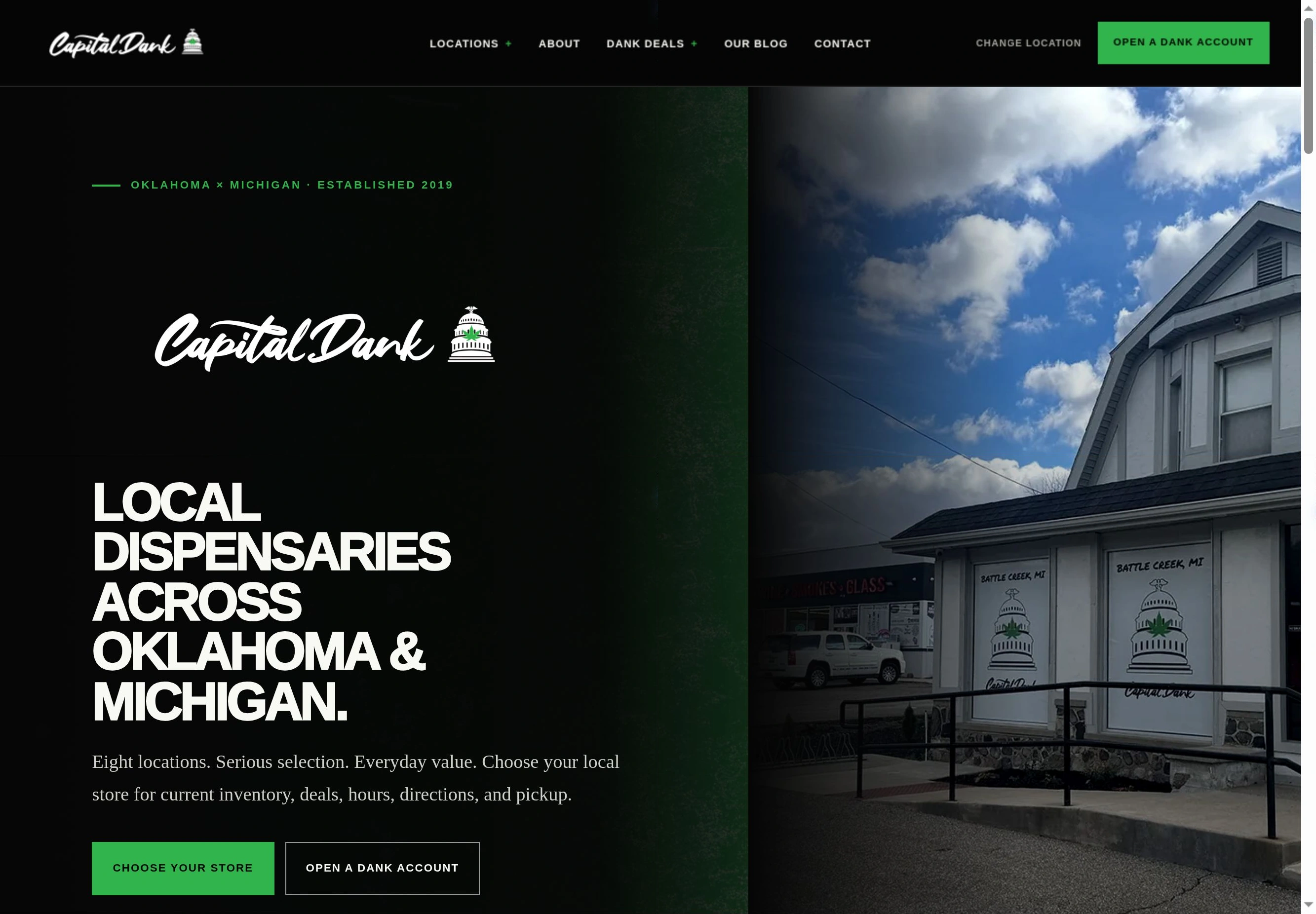 Capital Dank website homepage introducing its Oklahoma and Michigan stores