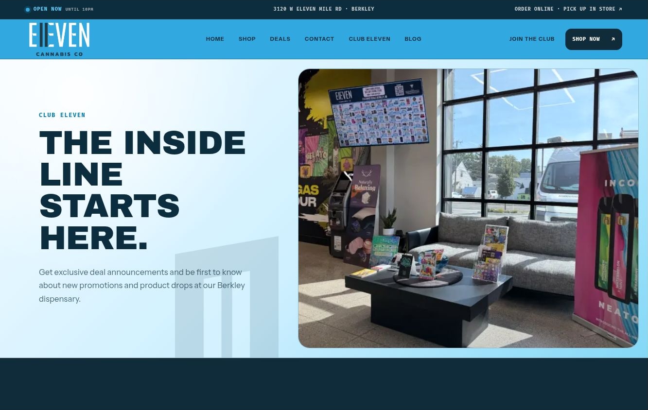 Club Eleven webpage featuring the store interior and customer membership introduction