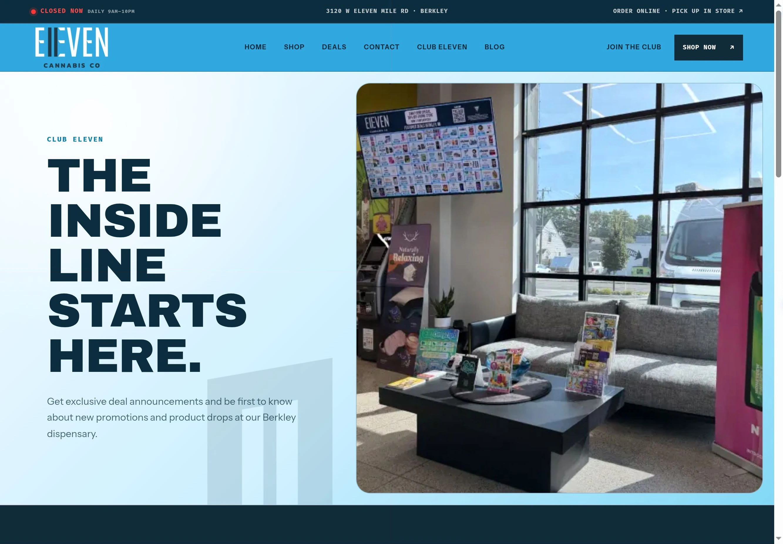 Club Eleven webpage featuring the store interior and customer membership introduction