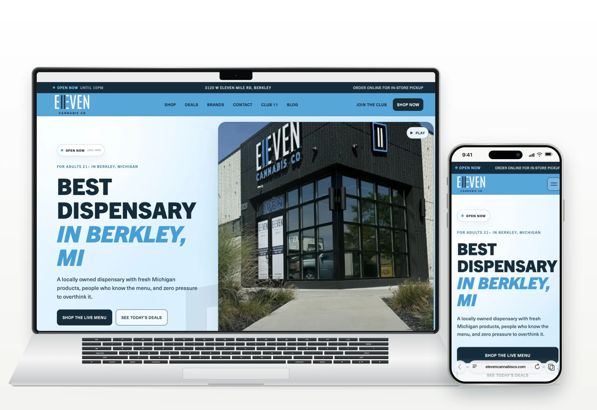 Eleven Cannabis Co. website presented in a laptop and phone mockup