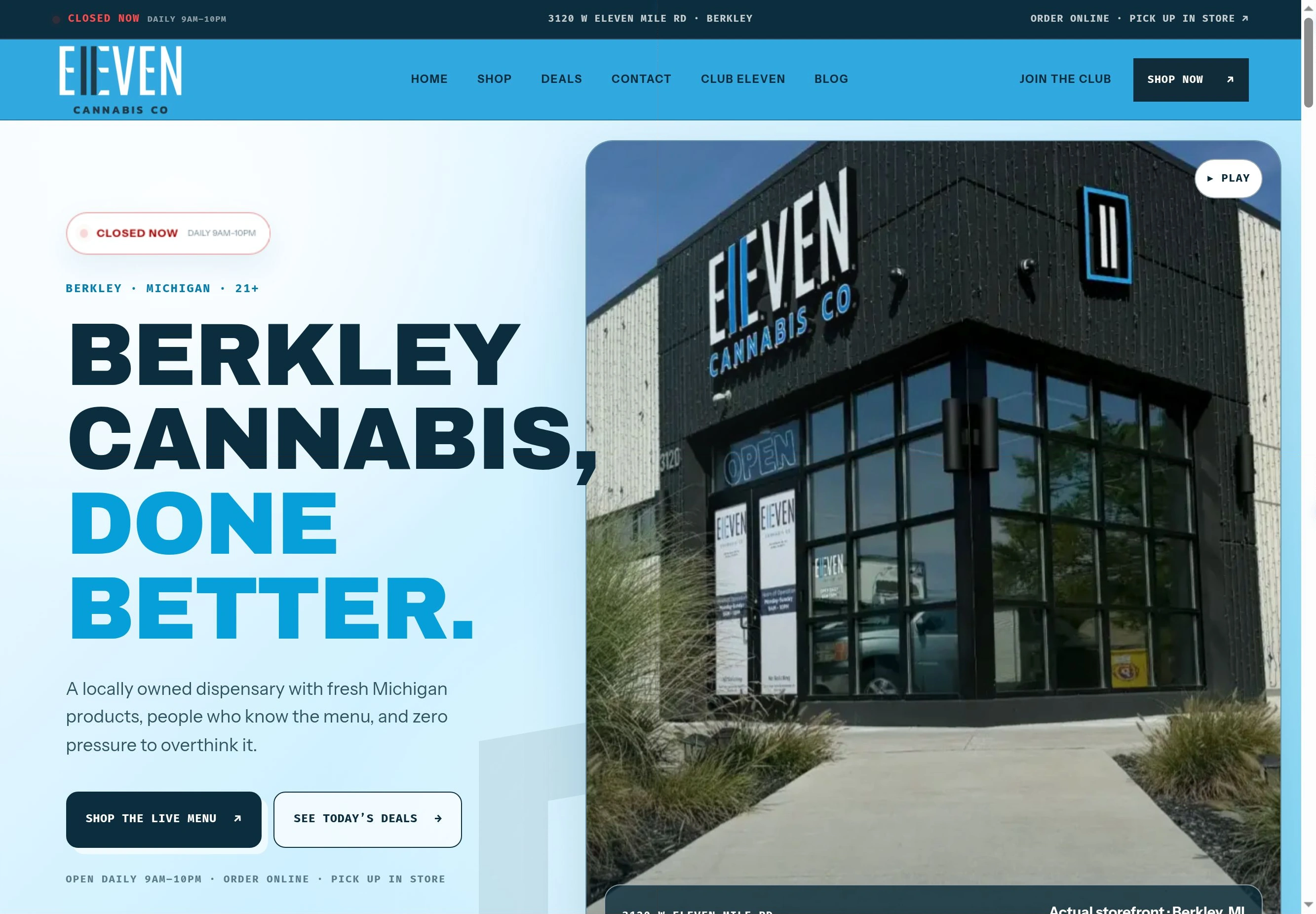 Eleven Cannabis Co. website showing the real Berkley storefront and blue brand identity