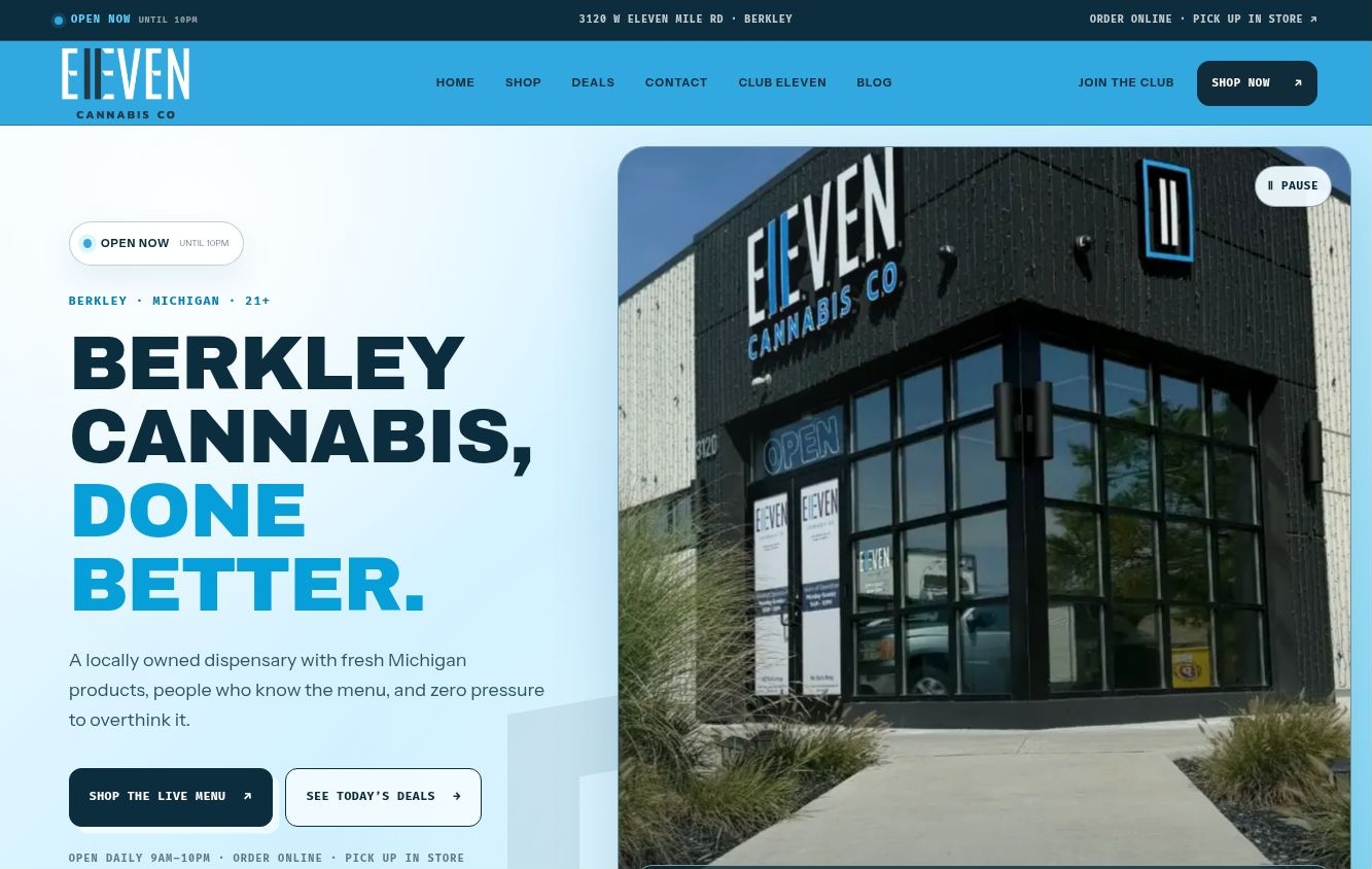 Eleven Cannabis Co. website showing the real Berkley storefront and blue brand identity