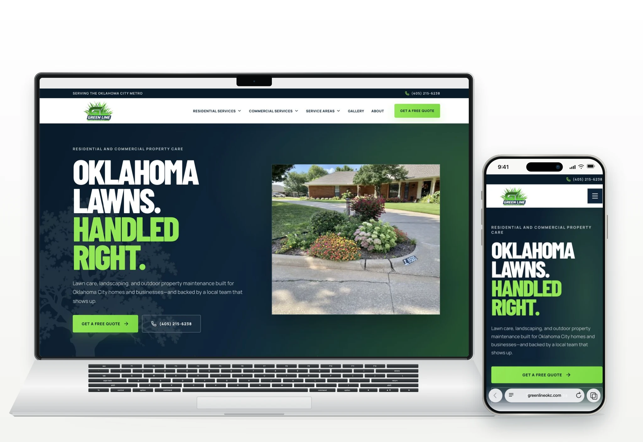 Greenline Lawn Management website presented in a laptop and phone mockup