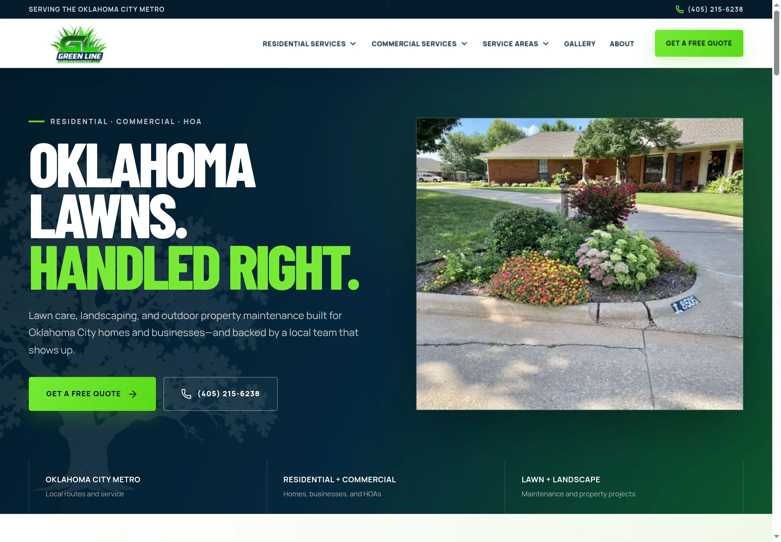 New Greenline Lawn Management website with landscape photography and residential and commercial service navigation