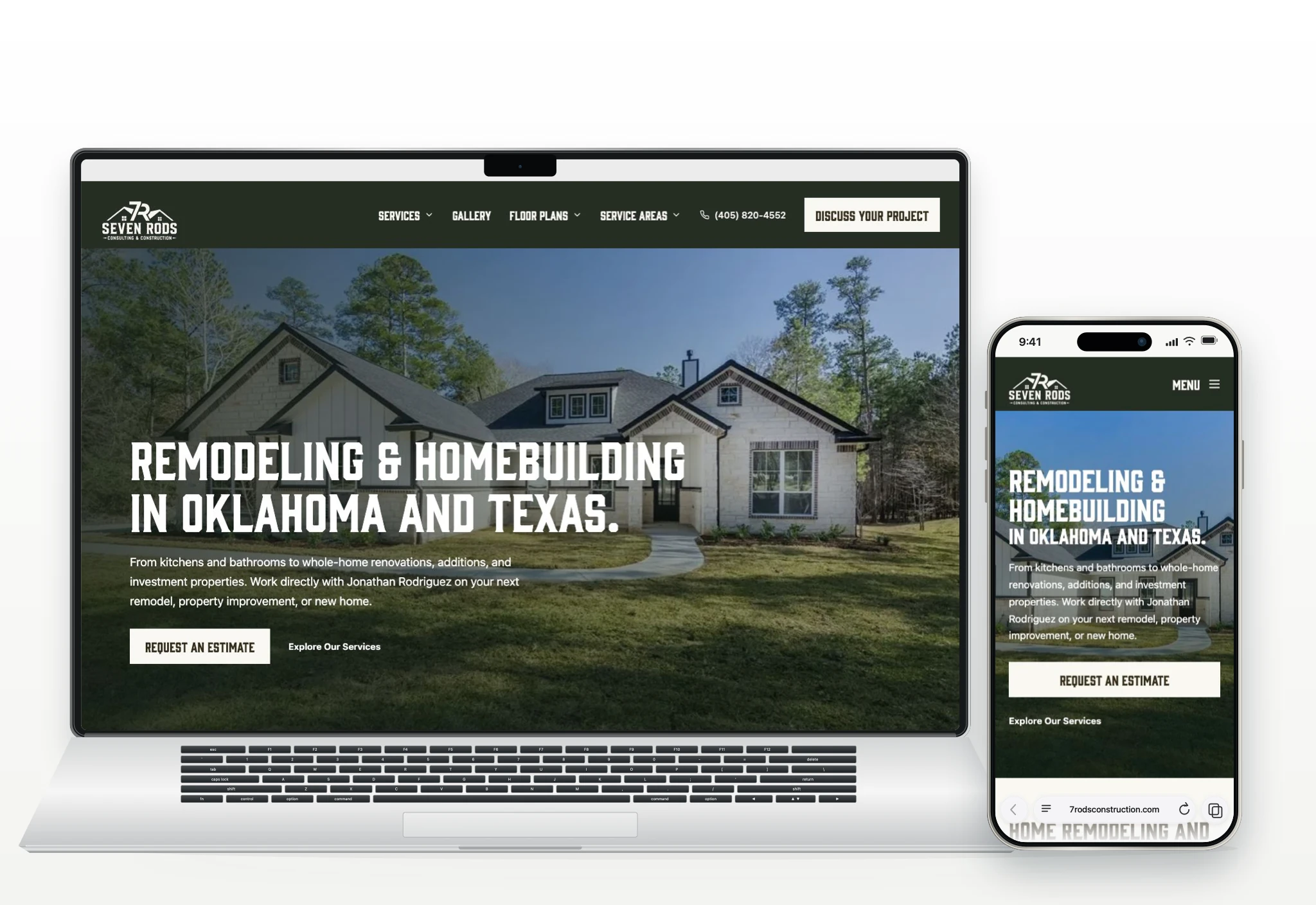 Seven Rods Construction website presented in a laptop and phone mockup