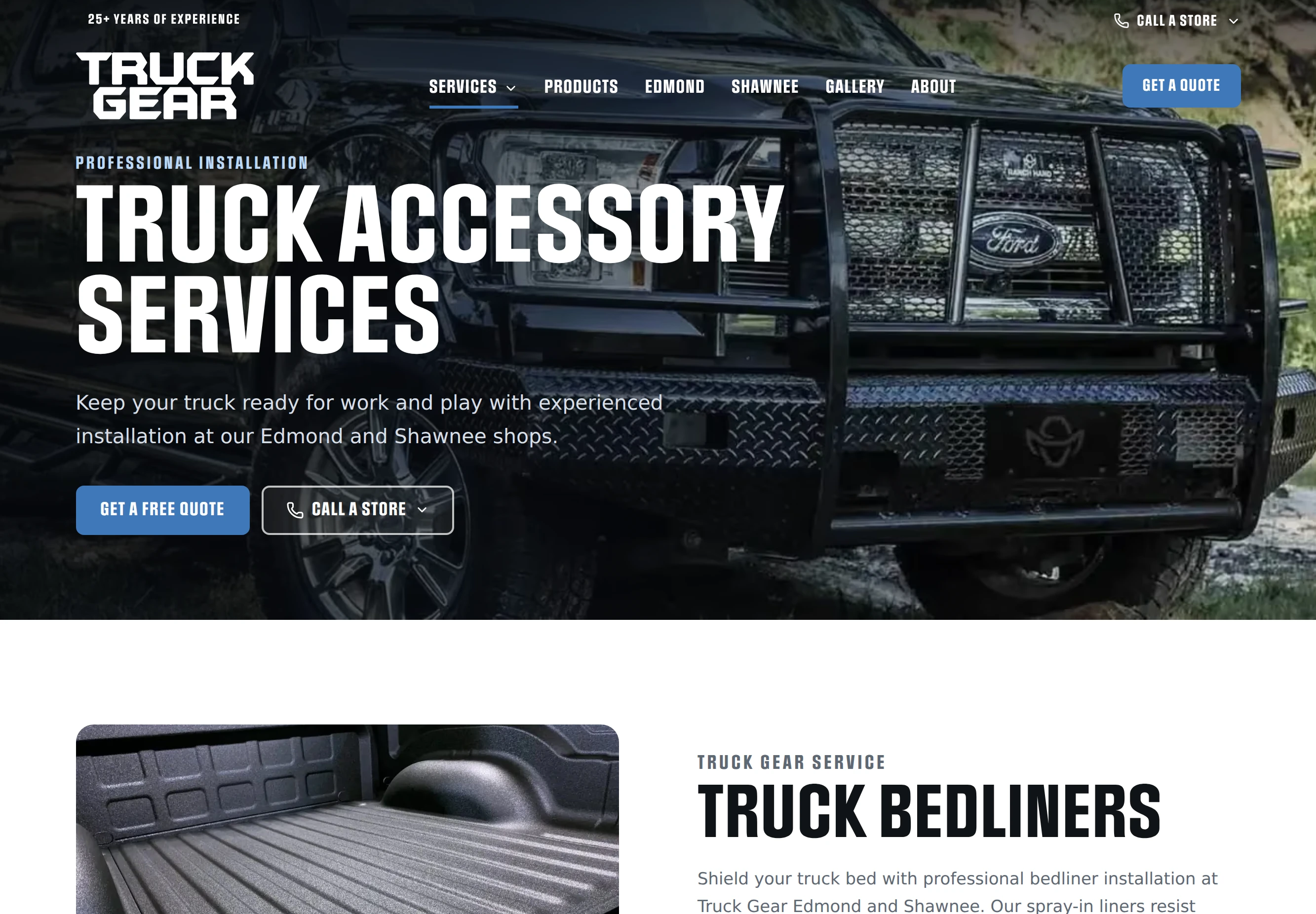 Truck Gear services page showing spray-in truck bedliners, truck bedcovers, and links to explore each installation service