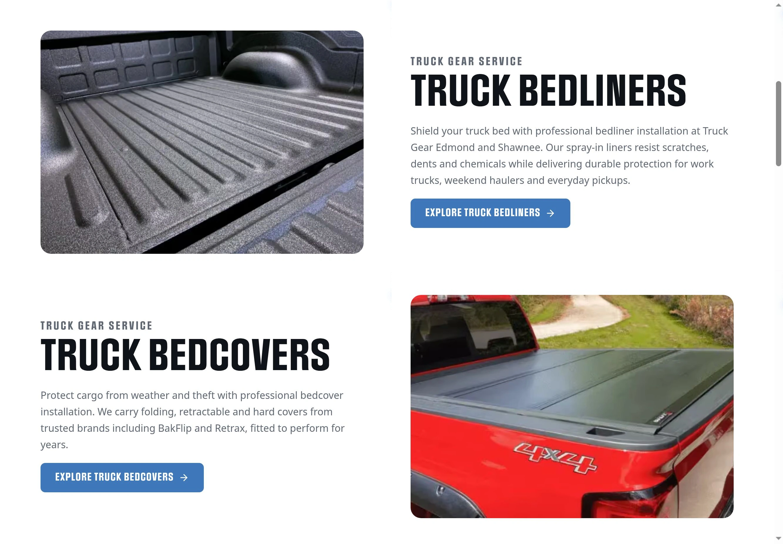 Truck Gear services page showing spray-in truck bedliners, truck bedcovers, and links to explore each installation service